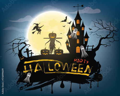Spooky Halloween night with haunted house, flying witch, ghosts, and glowing pumpkins under a full moon. Perfect for party invitations, banners, and festive designs.