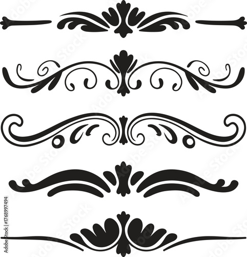 Vector black silhouette floral vintage decorative scroll frame border set illustration