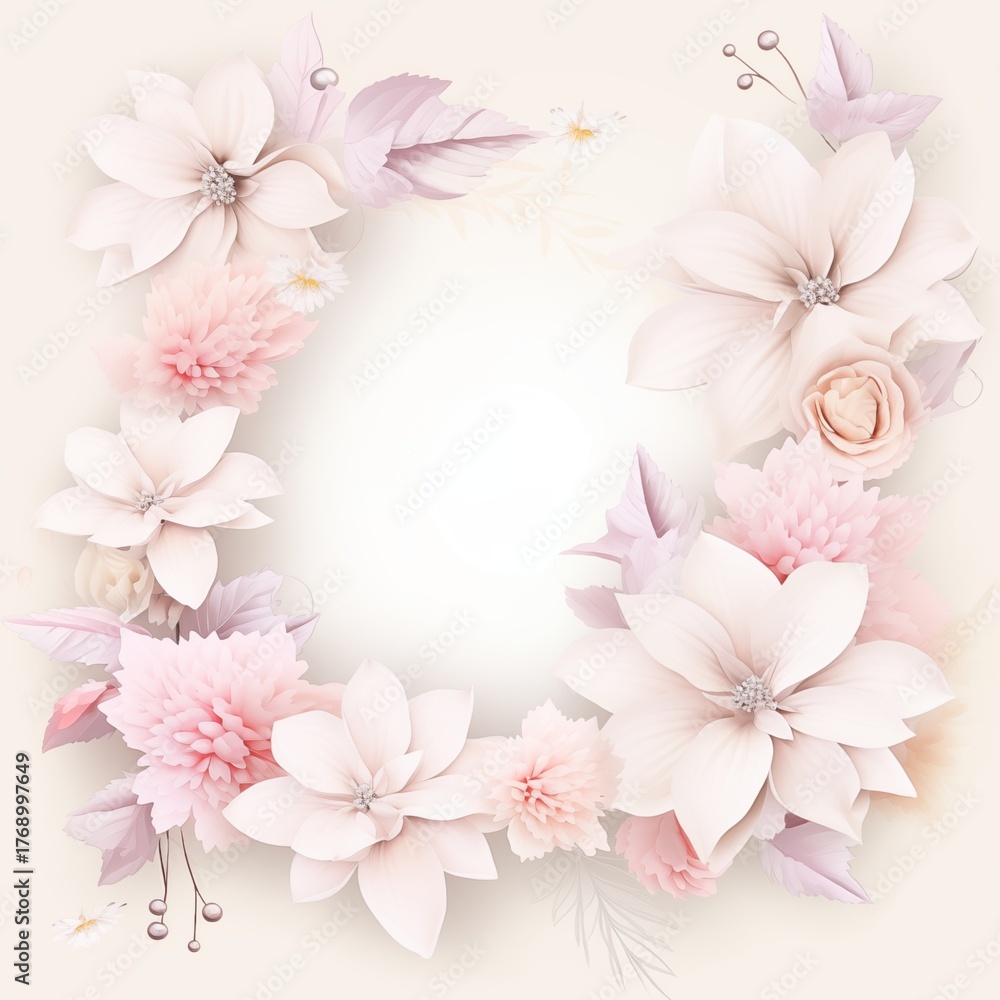 Fototapeta premium Soft Pink Floral Frame: Delicate Roses and Dahlias Arranged Around a Blank Square Card for Wedding Invitations or Greeting Cards