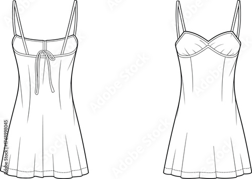 Cad drawing flat vector illustration, spaghetti strap dress front view, fashion mockup, sweetheart neckline design template, flared hem layout