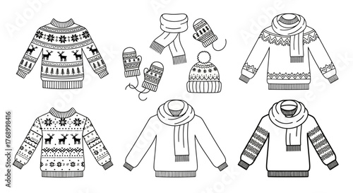 Winter clothing collection sweaters scarves hats and mittens sketch illustration