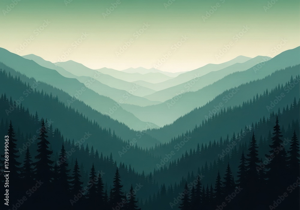 Obraz premium Misty mountain range layers of evergreen trees fading into the distance