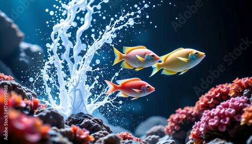 Vibrant Tropical Fish Splash Shimmering Coral Water