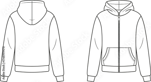 Cad drawing flat vector illustration, hoodie front back view, fashion mockup, sweatshirt design template, kangaroo pocket garment layout