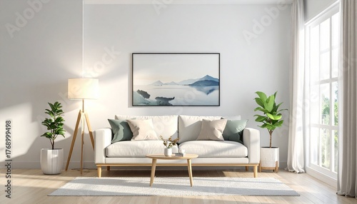 Bright and cozy modern living room interior have sofa and lamp with white wall background.