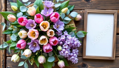 Pastel Tulips and Lilacs Arrangement with Eucalyptus Rustic Table
