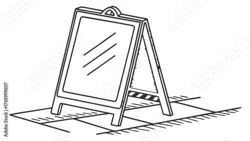 Illustration of a standing sandwich board with a handle and a striped support on a tiled surface