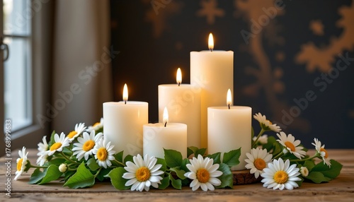 Serene Still Life with Candles Daisies and Foliage