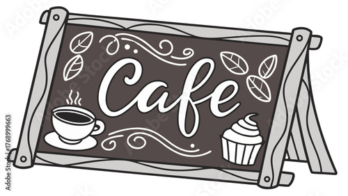 Hand drawn cafe sign with coffee cup, cupcake, leaves and swirls on a wooden easel style stand