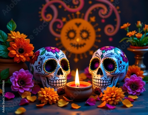 Colorful Sugar Skulls with Marigolds and Candlelight