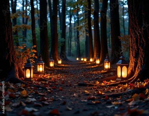 Enchanted Forest Pathway with Lanterns Dusk