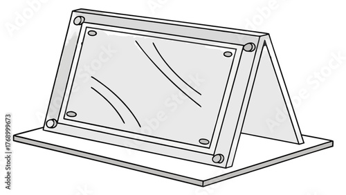 Illustration of a standing frame with a transparent display and curved lines on a rectangular base