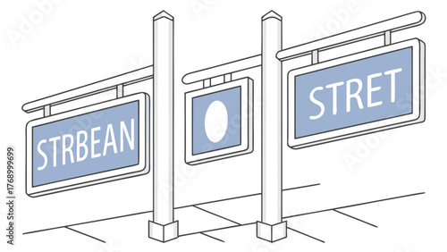 Street signs with strbean and stret text and a blank oval sign on white posts over a sidewalk