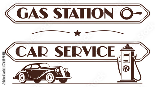 Illustration of a gas station and car service sign with a vintage car and gas pump design element