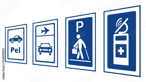 Various blue and white signs depicting car, airport, parking, and medical symbols in a row view