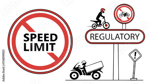 Regulatory signs with speed limit and no motorcycle symbol and two motorcycles depicted in black