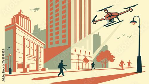 Illustration of a drone flying over a city street with buildings and people in a stylized retro design