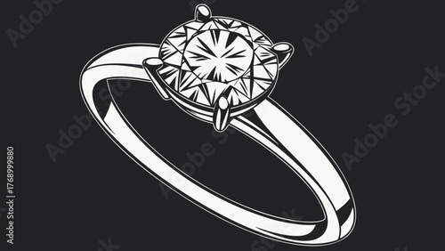 Close up of a white gold ring with a round cut diamond on a black background in vector format