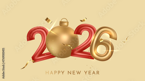 Stylish 2026 New Year poster with shiny golden ball ornament replacing number zero on beige elegant background. 2026 New Year Poster Design Vector Illustration 