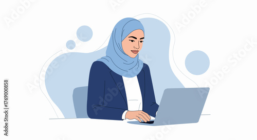 Flat design illustration of business woman sitting at office desk working on a laptop computer