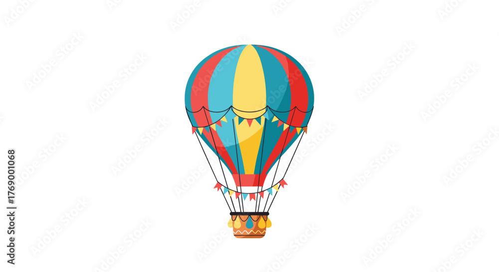Fototapeta premium A vibrant hot air balloon illustration, featuring red, blue, and yellow stripes with festive bunting, ready for adventure.