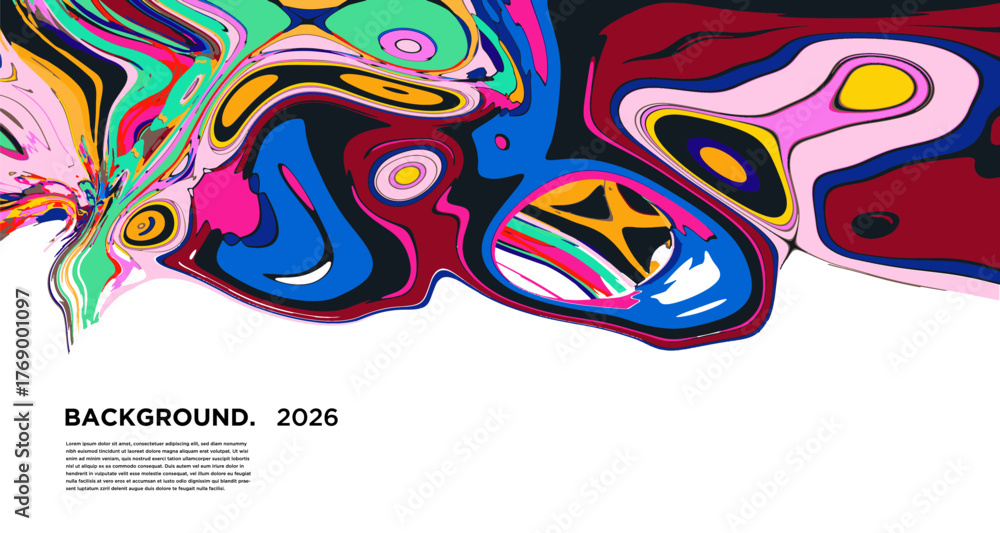 Obraz premium Vibrant abstract liquid marble background with pink, yellow, blue, purple, and orange swirls, creating a textured, colorful pattern ideal for posters or wallpapers.