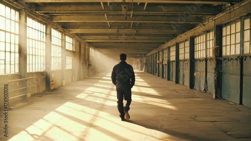 Industrial Factory with Sun Rays — Worker in Warm Light and Dusty Air