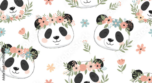 Adorable cartoon panda faces wearing colorful floral wreaths in a charming seamless pattern on a white background.