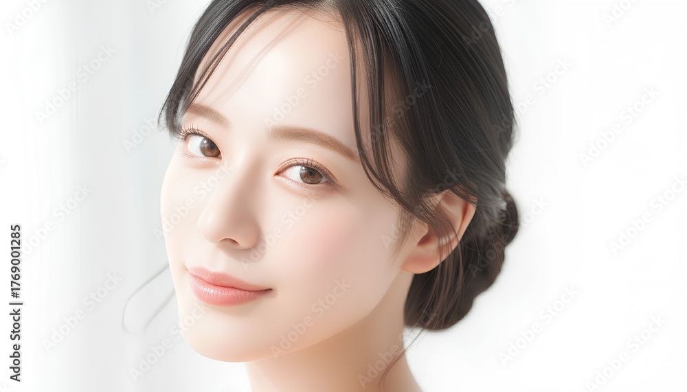 Fototapeta premium 柔らかい光に包まれた若い女性のポートレート、清潔感と透明感のある美しさ