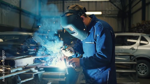Professional Welder in Action, Sparks and Blue Flame in Factory Setting