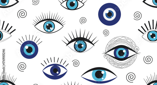 Seamless pattern of stylized blue and black evil eye and human eye motifs, adorned with decorative swirls on a white background.