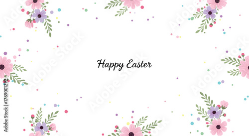 A bright and cheerful 'Happy Easter' greeting card design featuring pastel flowers and colorful confetti on a clean white background.