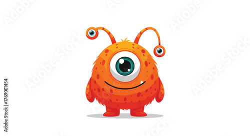A cute, fluffy, orange cartoon monster with one big eye and two small eyes on antennae, smiling playfully.