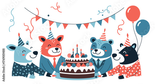 Four happy cartoon bears in party hats and suits celebrate a birthday with a festive cake, balloons, and confetti.