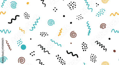 Playful abstract seamless pattern featuring hand-drawn geometric and organic shapes in a modern color palette on a white background.