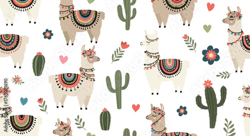 Charming seamless pattern of festive llamas with colorful decorations, desert cacti, and blooming flowers on a white background.