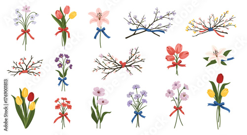 A vibrant collection of diverse spring and summer flower bouquets and blossoming branches, each adorned with decorative ribbons.