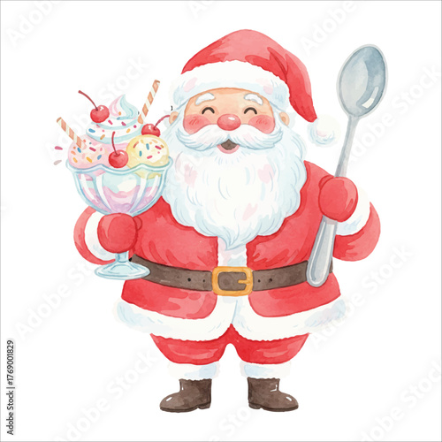 Santa Holding Ice Cream Sundae Watercolor Vector
