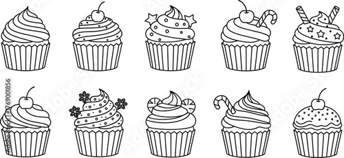 Assorted decorated cupcakes with various toppings and frosting styles