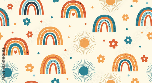Seamless bohemian pattern featuring cheerful rainbows, radiating suns, whimsical flowers, and scattered dots on a light background.