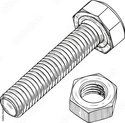Detailed line drawing of a bolt with a hexagonal head and a separate hexagonal nut shown nearby