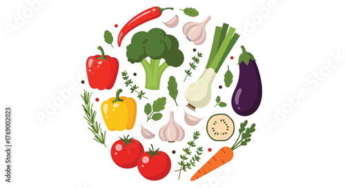 A circular arrangement of fresh, colorful vegetables and aromatic herbs, perfect for healthy cooking and a balanced diet.