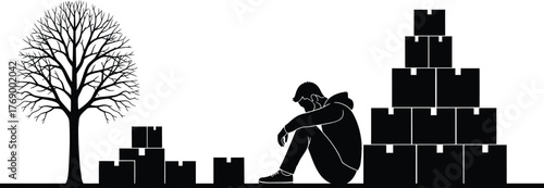 Man sitting near boxes after moving relocation stress and loneliness editable vector