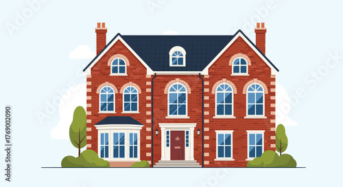 A detailed vector illustration of a traditional red brick family house with a dark blue roof, elegant windows, and a front garden.
