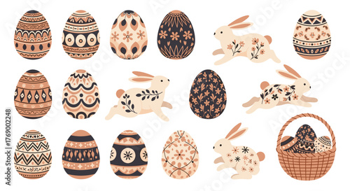 An assortment of decorated Easter eggs and cute bunnies featuring traditional folk-art patterns on a clean white background, perfect for spring holiday designs.