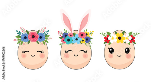 Three adorable cartoon Easter eggs with happy faces, wearing colorful floral crowns, with one featuring cute bunny ears, celebrating spring festivities.