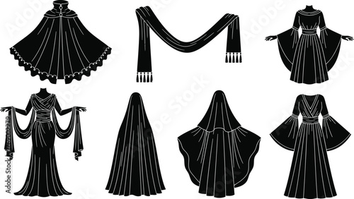 Black and white fashion illustration of dresses capes and shawls design editable vector