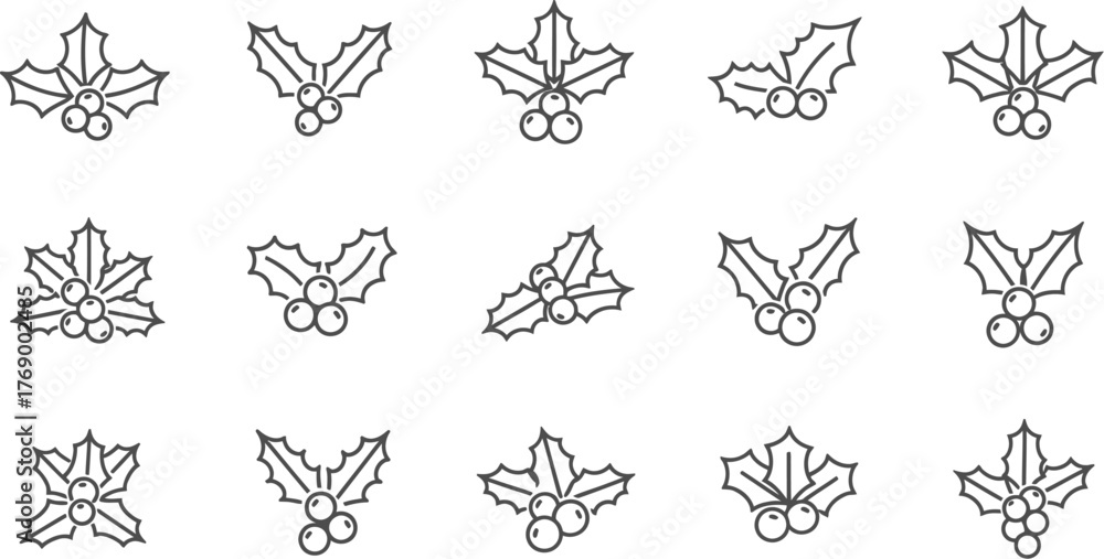 Fototapeta premium Collection of holly leaf and berry line art icons in minimalist design
