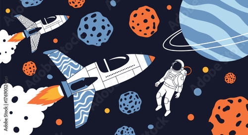 Two rockets, an astronaut, and various planets and asteroids journey through the vibrant, dark blue expanse of outer space.