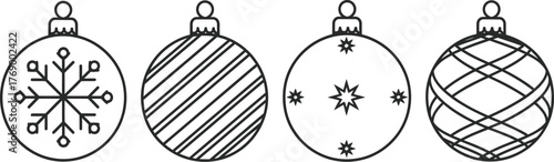 Four decorative Christmas ornaments with snowflake, stripe, and star patterns